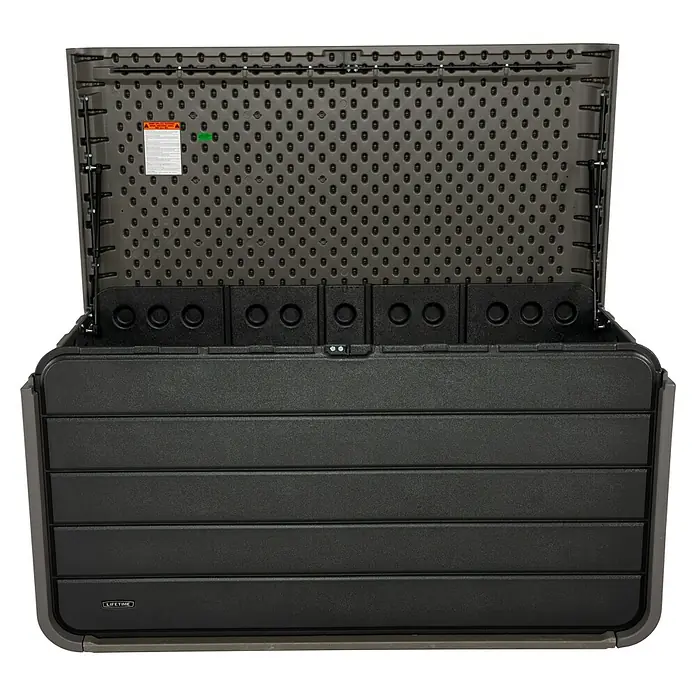 Aufbewahrungsbox Space XL - B x T x H: 146,7 x 72,4 x 77,2 cm, Kunststoff, Anthrazit - Geöffnete dunkelgraue Outdoor-Aufbewahrungsbox mit strukturierter Innenseite und Gasdruckfedern für den Deckel.