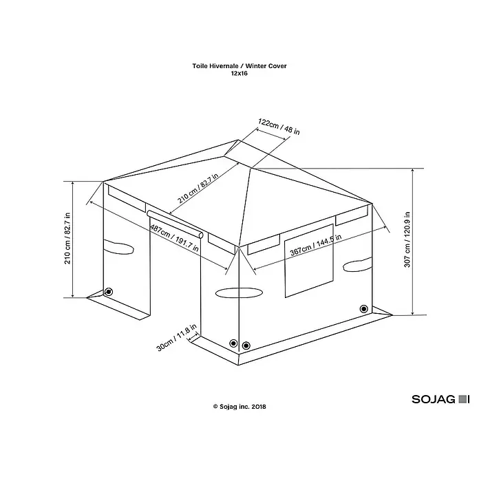 Sojag Winterschutz - Passend für Sojag 1216 Pavillon Modelle - Schema einer 12x16 Winterabdeckung, zeigt Maße der schützenden Planenstruktur.