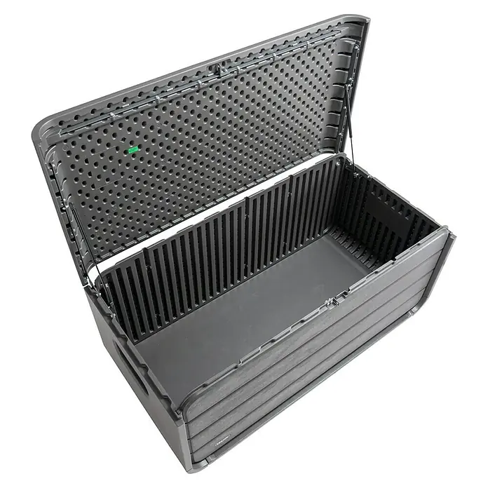 Aufbewahrungsbox Space L - B x T x H: 147,1 x 72 x 63,6 cm, Kunststoff, Anthrazit - Offene graue Kunststoff-Gartenbox mit perforiertem Deckel und strukturierter Außenseite, die ihren leeren Innenraum zeigt.