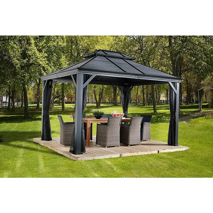 Sojag Standard-Pavillon Mykonos 1014 - B x T: 425 x 299 cm, Anthrazit, Aluminium - Schwarzer Metall-Pavillon mit Netzzelt auf Holzdeck, für Essen im Freien.