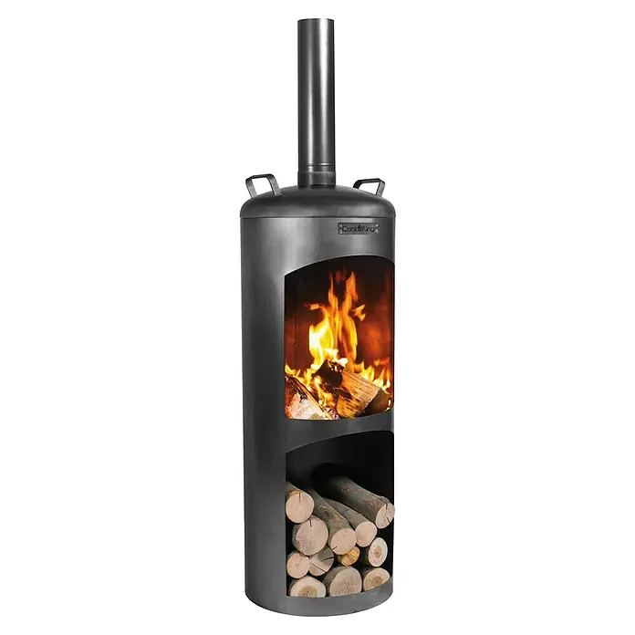 CookKing Gartenkamin Faro - Ø x H: 40 x 158 cm, Stahl - Cook King Metall-Gartenkamin mit brennendem Feuer und Holzscheiten unten.