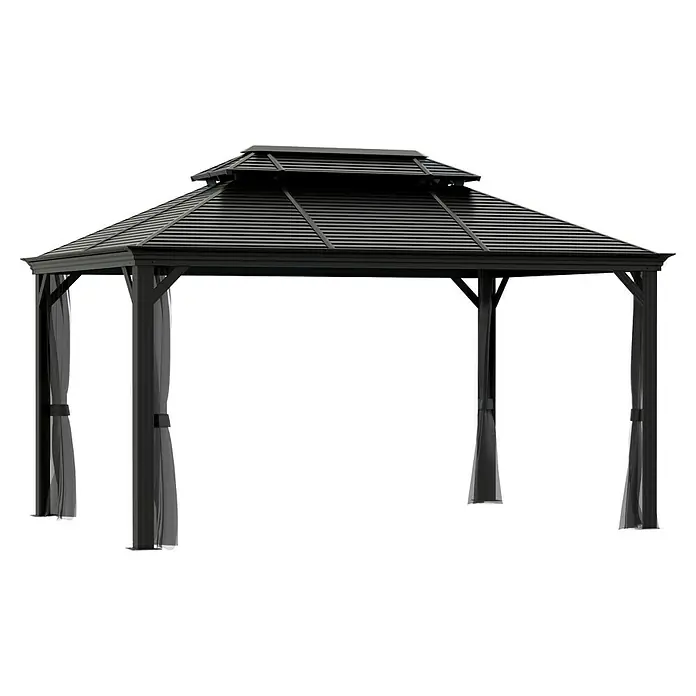 Sojag Standard-Pavillon Mykonos 1014 - B x T: 425 x 299 cm, Anthrazit, Aluminium - Dunkelgrauer Metall-Pavillon mit abgestuftem Dach und durchsichtigen, zurückgebundenen Seitenjalousien.