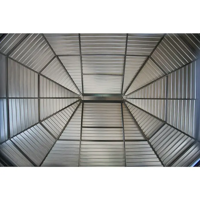 Sojag Standard-Pavillon Charleston 1212 - B x T: 383,6 mm x 383,6 cm, Anthrazit, Aluminium - Unterseite eines achteckigen, silbergrauen Metallpavillondachs mit strahlenförmig angeordneten Wellblechplatten und zentraler Nabe.