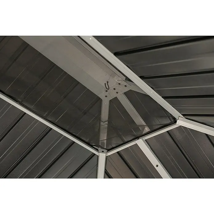 Sojag Standard-Pavillon Olan 1014 - Anthrazit, Aluminium, B x T: 311,1 x 435,6 cm - Innenansicht eines grauen Metallpavillondachs mit zentralem Netz und einem Aufhängehaken.