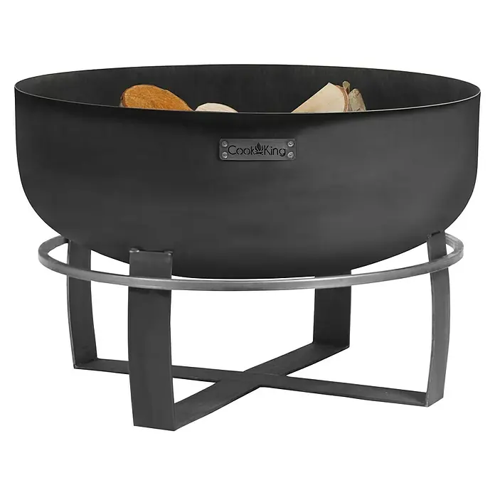 CookKing Feuerschale Viking XXL - Ø x H: 80 x 50 cm, Stahl - Schwarze Metall-Feuerschale mit runder Schale, stabilem Ständer und Holzscheiten.