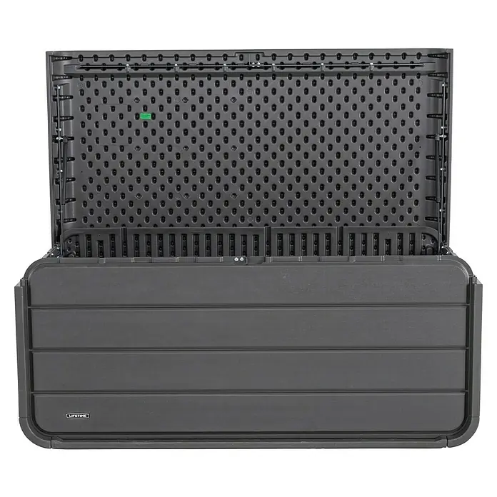 Aufbewahrungsbox Space L - B x T x H: 147,1 x 72 x 63,6 cm, Kunststoff, Anthrazit - Dunkelgraue Kunststoff-Outdoor-Aufbewahrungsbox mit offenem Deckel, zeigt strukturiertes Inneres und Stützstreben.