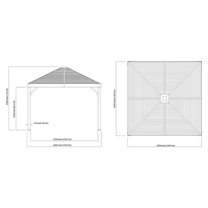 Sojag Standard-Pavillon Premium South Beach 1212 - B x T: 34,3 x 364,3 cm, Braun, Aluminium - Technischer Bauplan eines quadratischen Pavillons mit Pyramiden-Dach, Ansichten von Seite und oben mit Maßen.