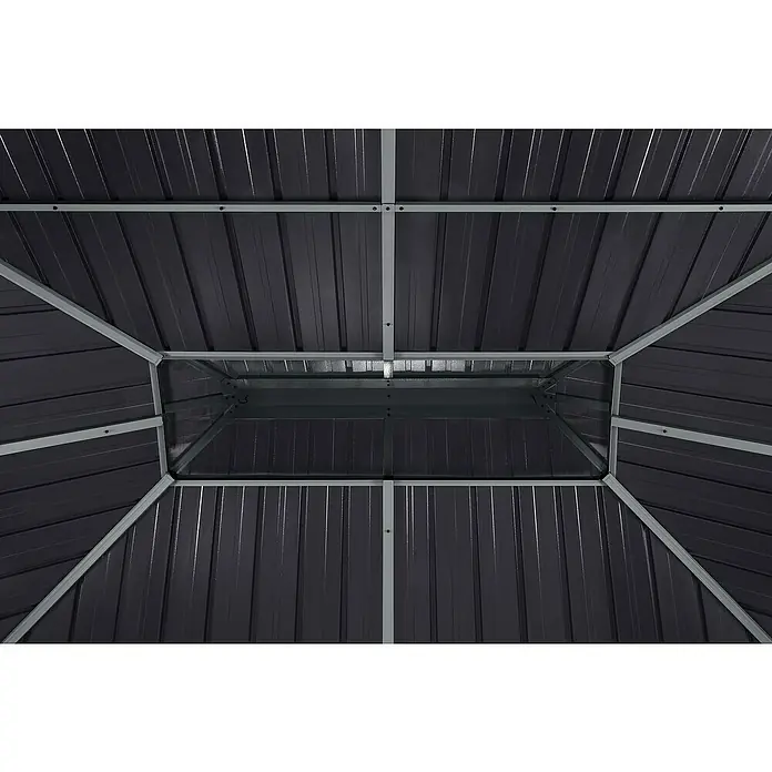 Sojag Standard-Pavillon Olan 1014 - Anthrazit, Aluminium, B x T: 311,1 x 435,6 cm - Innenseite eines dunkelgrauen Wellblechdach für eine Überdachung mit hellgrauem Rahmen für Außenschutz.