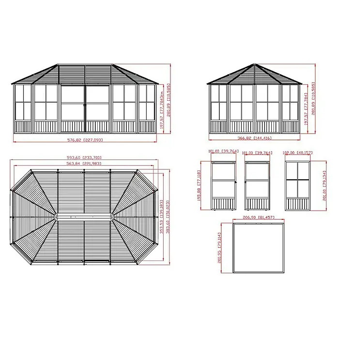 Sojag Standard-Pavillon Charleston 1218 - B x T: 383,6 x 593,6 cm, Anthrazit, Aluminium - Technische Zeichnungen eines Pavillons, mit Vorder-, Seiten- und Draufsichten sowie Bemaßungen.