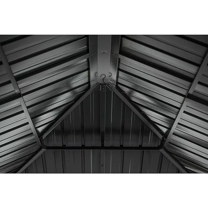 Sojag Standard-Pavillon Fontana 1012 - Holzoptik, Aluminium, B x T: 364,3 x 298 cm - Dunkelgraue, gewellte Metall-Dachinnenstruktur mit Trägern und Aufhängehaken.