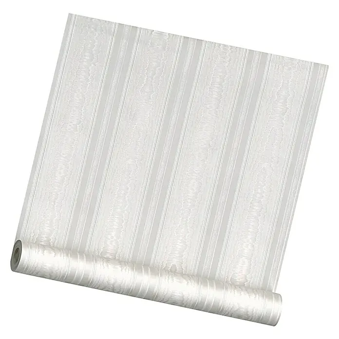 A.S. Création Vinyltapete Moiré - Weiß, Streifen, L x B: 10,05 x 0,53 m - Nahaufnahme einer Rolle eleganter, gestreifter Tapete in Weiß, die eine stilvolle und ruhige Atmosphäre für jeden Raum schafft.