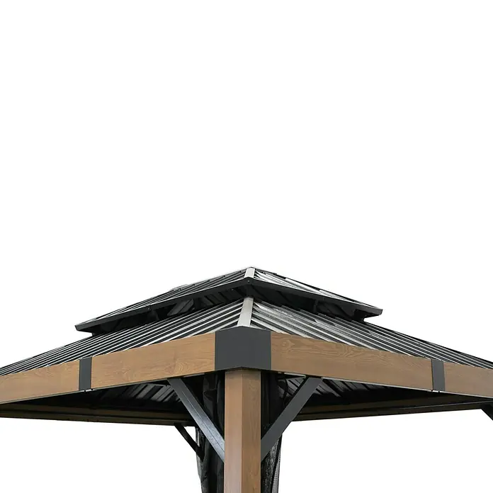Sojag Standard-Pavillon Fontana 1012 - Holzoptik, Aluminium, B x T: 364,3 x 298 cm - Gestuftes Pavillondach mit dunklen Wellblechplatten, hellbraunen Holzoptik-Balken und dunklen Metallstützen.