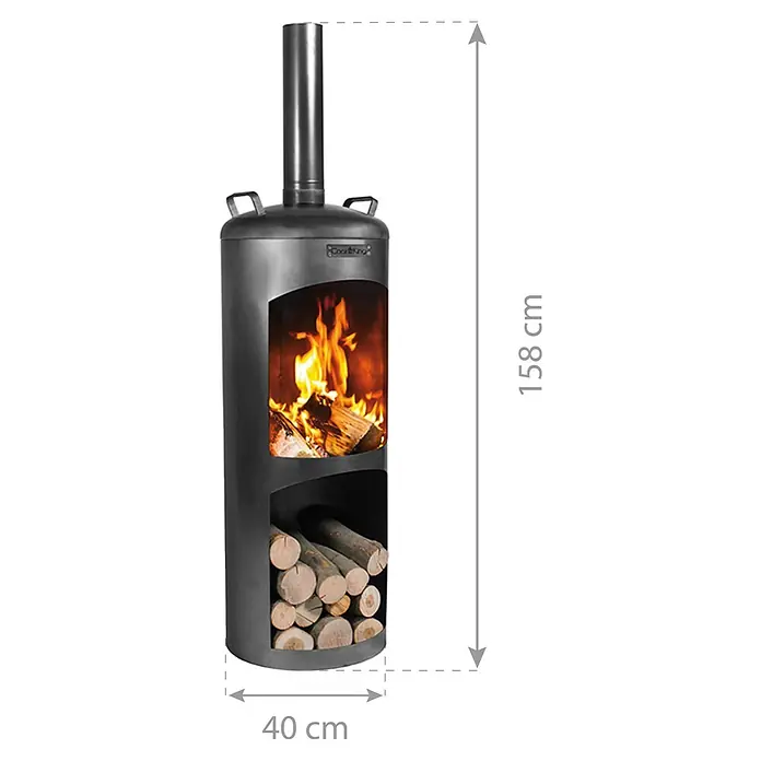 CookKing Gartenkamin Faro - Ø x H: 40 x 158 cm, Stahl - Dunkelgrauer Metall-Gartenkamin, 158x40 cm, mit brennendem Holz und Holzlager unten.