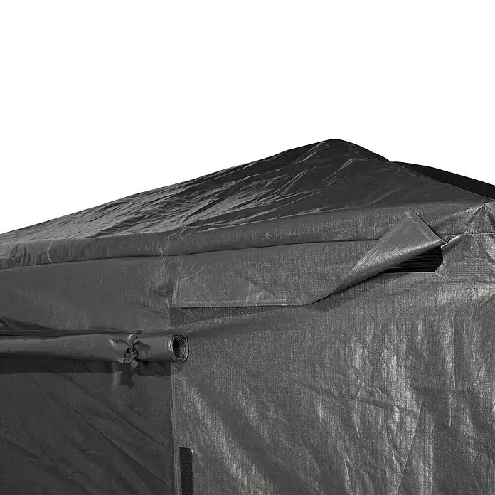 Sojag Winterschutz - Passend für Sojag 1010 Pavillon Modelle - Dunkelgraue Planenabdeckung für eine temporäre Struktur mit Belüftungsklappen und aufgerollten Seitenwänden.