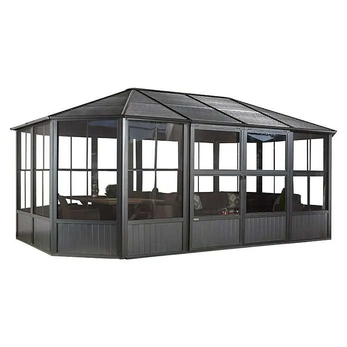 Sojag Standard-Pavillon Charleston 1218 - B x T: 383,6 x 593,6 cm, Anthrazit, Aluminium - Dunkelgraues polygonales Gartenhaus mit dunklem Dach, großen Sichtschutzfenstern und Gartenmöbeln im Inneren.