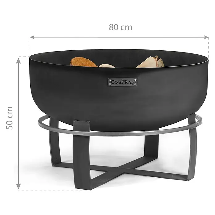CookKing Feuerschale Viking XXL - Ø x H: 80 x 50 cm, Stahl - Schwarze Metall-Feuerschale (80 cm Durchmesser, 50 cm Höhe) auf Ständer, mit Holz gefüllt.