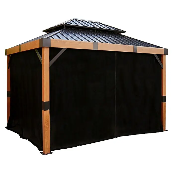 Sojag Pavillon-Seitenwand Fontana 1012 - Passend für Pavillon Fontana 10x12, Aus 240g/m² Polyester - Holzrahmen-Pavillon mit dunklem Metalldach und schwarzen Sichtschutzwänden aus Stoff.