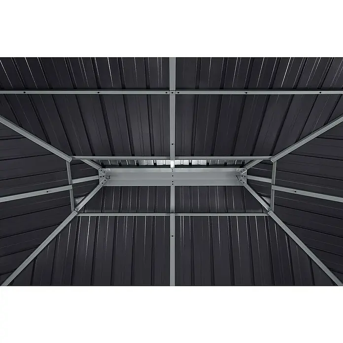 Sojag Standard-Pavillon Olan 1014 - Anthrazit, Aluminium, B x T: 311,1 x 435,6 cm - Innenansicht einer dunkelgrauen Wellblechdachkonstruktion mit hellgrauem Metallrahmen und Schraubverbindungen.
