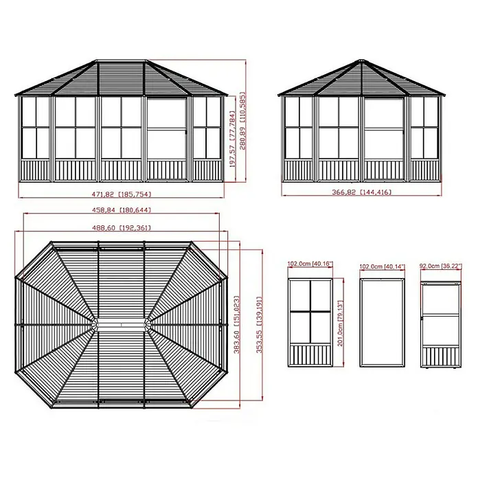 Sojag Standard-Pavillon Charleston 1215 - B x T: 488,6 x 383,6 cm, Anthrazit, Aluminium - Technische Zeichnungen eines achteckigen Pavillons mit Front-, Seiten-, Draufsicht und Plattenmaßen. Alle Maße sind in Zentimetern und Zoll angegeben.