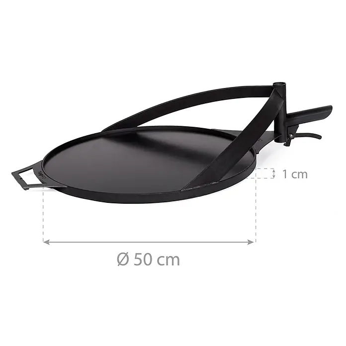 CookKing Grillplatte - Durchmesser: 50 cm, Stahl - Schwarze Metall-Grillplatte oder Pizzaplatte mit 50 cm Durchmesser und 1 cm Tiefe, mit seitlichem Griff und Ständer.