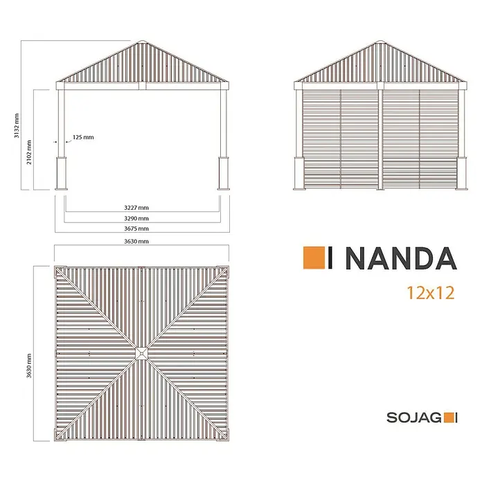 Sojag Standard-Pavillon Nanda 1212 - B x T: 363 x 363 cm, Champagner, Aluminium - Technischer Plan eines SOJAG NANDA 12x12 Pavillons mit Vorder-, Seiten- und Draufsicht sowie detaillierten Maßen.