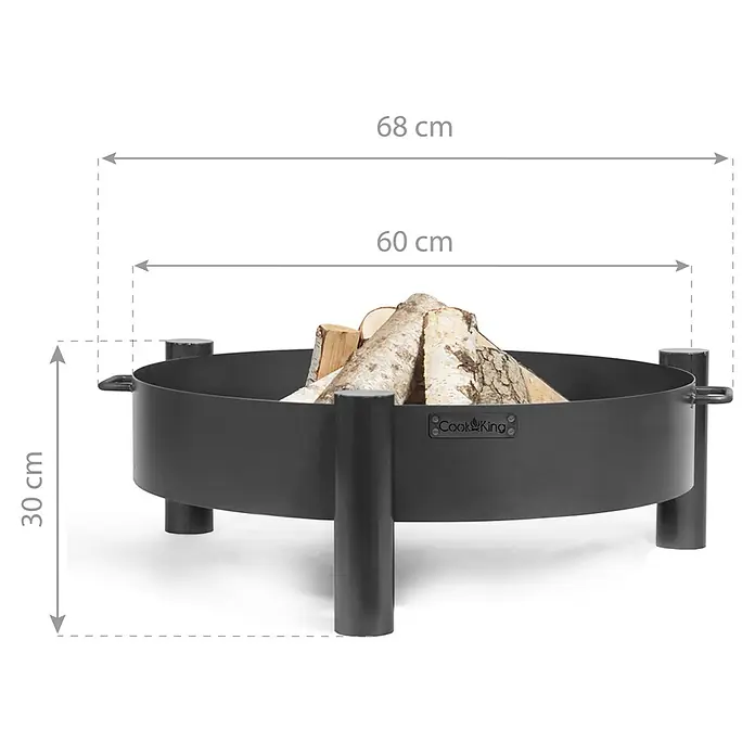 CookKing Feuerschale Haiti - Durchmesser: 80 cm, Stahl - Runde schwarze Metall-Feuerstelle, Ø68 cm, H30 cm, mit Holzscheiten gefüllt.