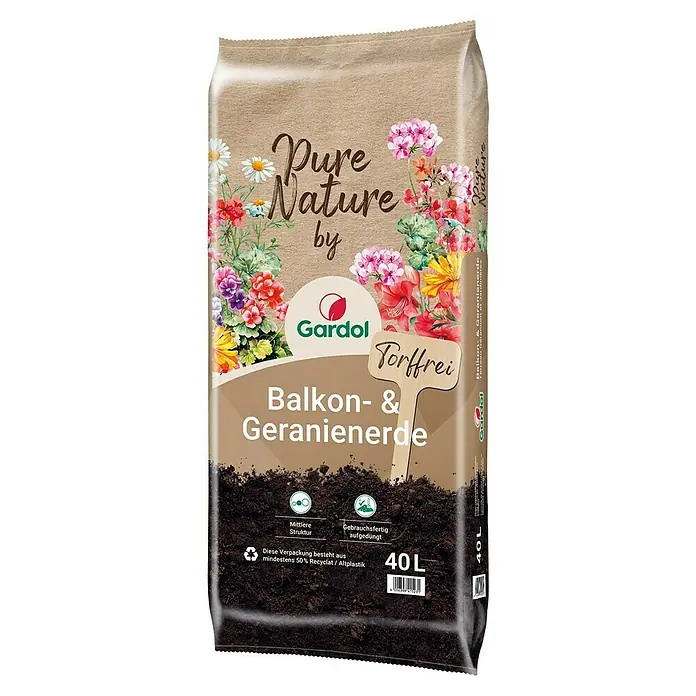 Gardol Pure Nature Balkon- & Geranienerde - 40 l, Torffrei - Sack Blumenerde von Gardol, torffrei und gebrauchsfertig aufgedüngt, ideal für Balkon- und Geranienbepflanzung, 40 Liter.