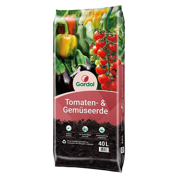 Gardol Tomaten- & Gemüseerde - 1 Sack, 40 l - Verpackung Gardol Tomaten- & Gemüseerde (40 L) mit Gemüseabbildungen, mittlere Struktur, gebrauchsfertig und recycelt.