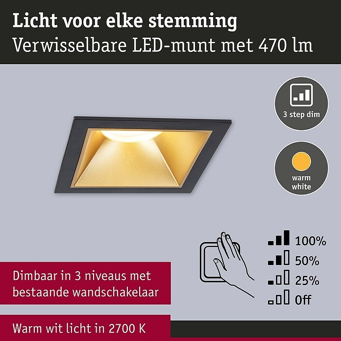 Paulmann Led-inbouwspotset (Zwart / Goud, 3 st., Warm wit) | BAUHAUS