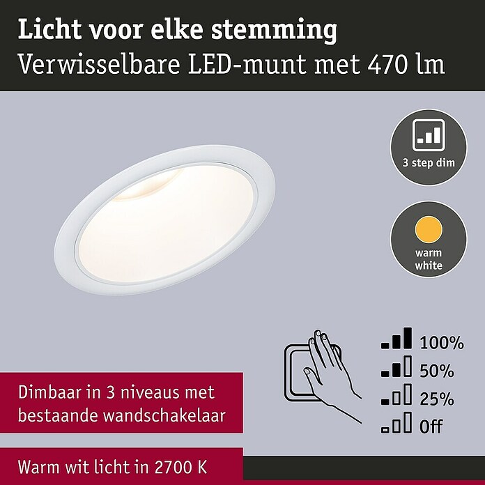 Paulmann Led-inbouwspotset (Ø x h: 88 x 11 mm, Wit, Warm wit) | BAUHAUS