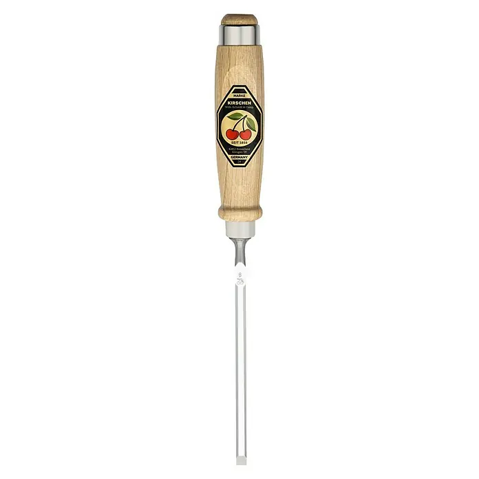 Kirschen Stechbeitel - Klingenbreite: 6 mm, Schneidwinkel: 25 °, 61 HRC - Stecheisen mit Holzgriff und Kirschen-Logo. Das Werkzeug ist hochwertig und ideal für präzise Holzarbeiten und Schnitzereien.