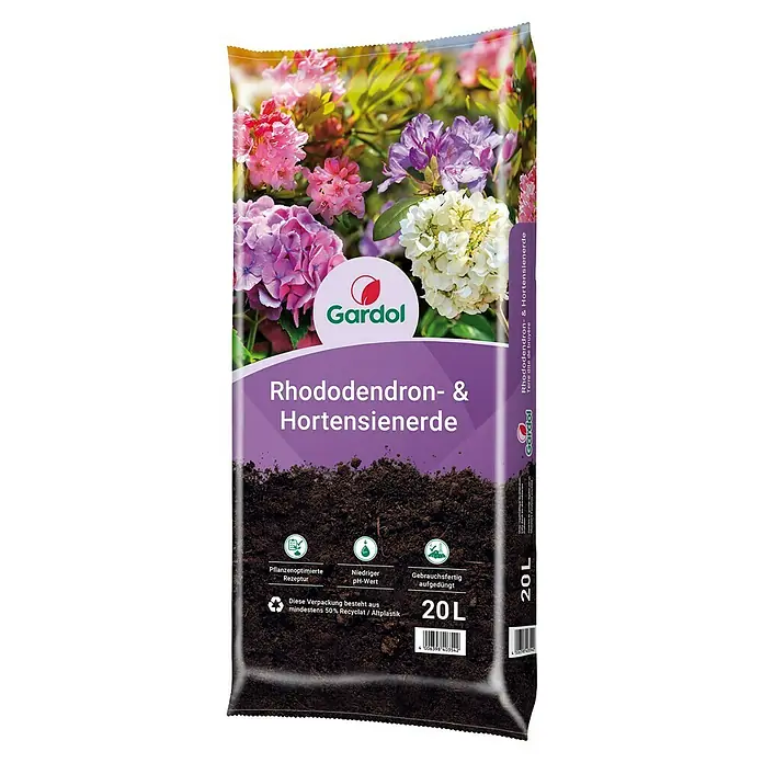 Gardol Hortensien- & Rhododendronerde - 1 Sack, 20 l - Eine Packung Rhododendron- und Hortensienerde von Gardol, geeignet für die Bepflanzung von Rhododendren und Hortensien im Garten.
