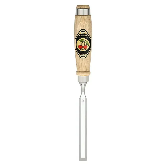 Kirschen Stechbeitel - Klingenbreite: 12 mm, Schneidwinkel: 25 °, 61 HRC - Kirschen Stecheisen mit Holzgriff und Stahlklinge. Das Werkzeug ist hochwertig und ideal für Holzarbeiten.