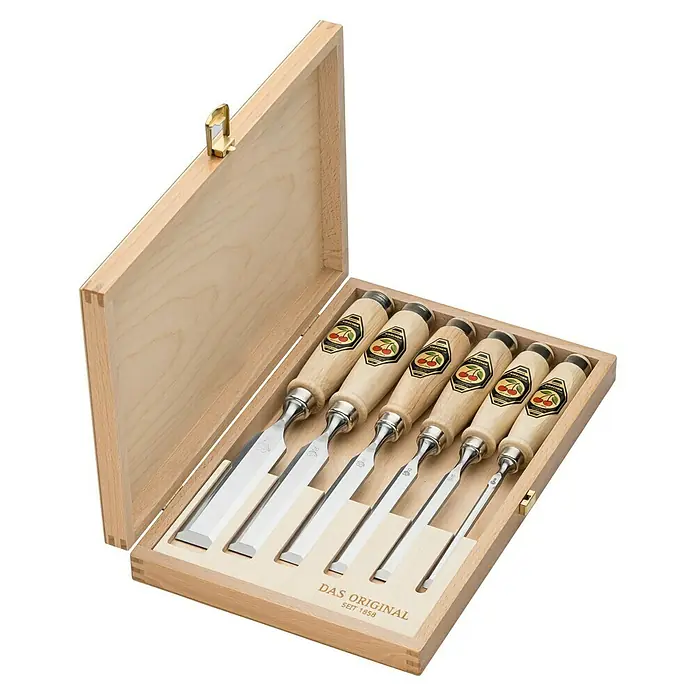 Kirschen Stechbeitelsatz - 6 -tlg. - Satz von Kirschen Stemmeisen in einer Holzkiste, ideal für Holzarbeiten.