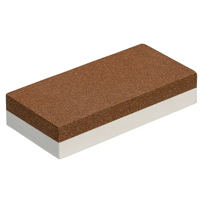Kirschen Abziehstein - 100 x 50 mm, Körnung: 180/400 - Ein rechteckiger Schleifstein mit einer braunen Oberseite und einer weißen Unterseite, ideal zum Schärfen von Werkzeugen.