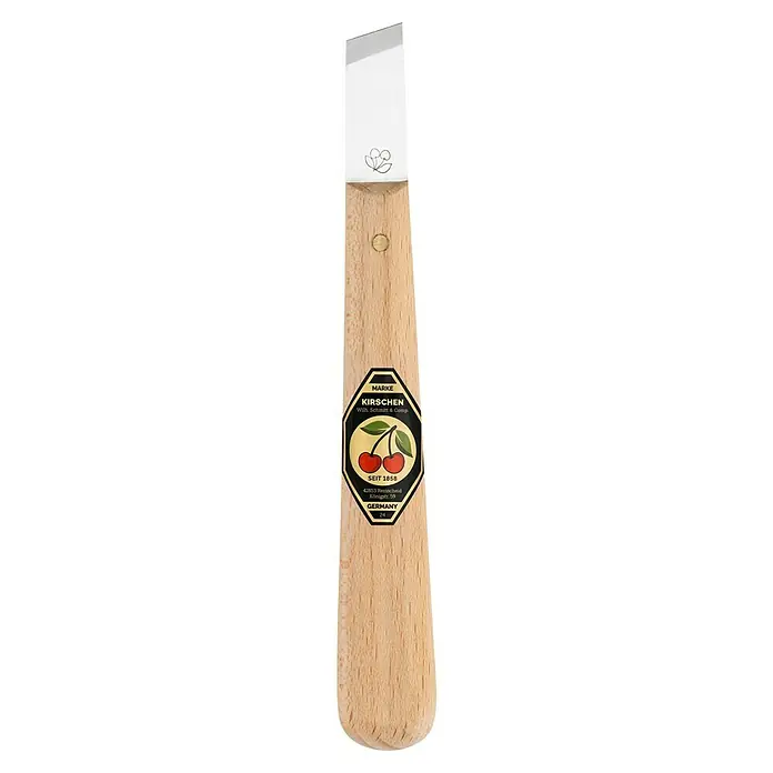 Kirschen Schnitzmesser 3354 - Form Schneide: Schräg, Mit gerader Klinge - Nahaufnahme eines Kirschen Stechbeitels mit Holzgriff und einer Klinge mit Kirschbaum-Logo.