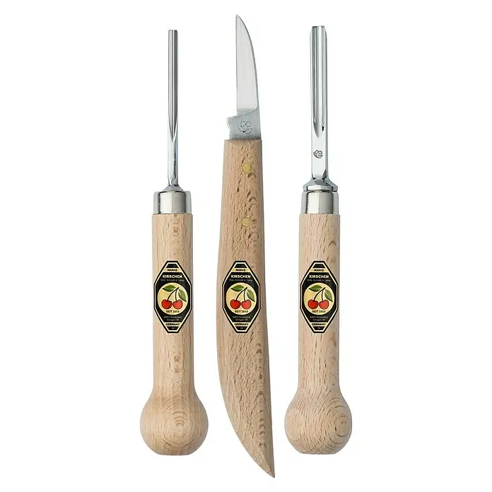 Kirschen Linolschnittsatz - 3 -tlg. - Dreiteiliges Set Kirschen Schnitzwerkzeuge mit Holzgriffen und Stahlklingen für detaillierte Holzarbeiten.