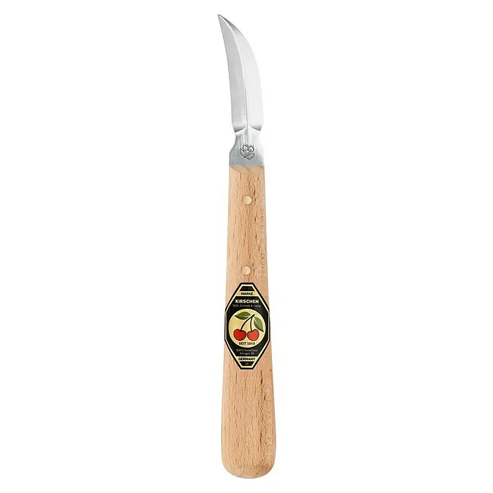 Kirschen Schnitzmesser 3353 - Form Schneide: Gebogen - Das Bild zeigt ein Kirschen-Entsteinmesser mit gebogener Klinge und Holzgriff, verziert mit einem Kirschlogo, ein traditionelles Werkzeug.