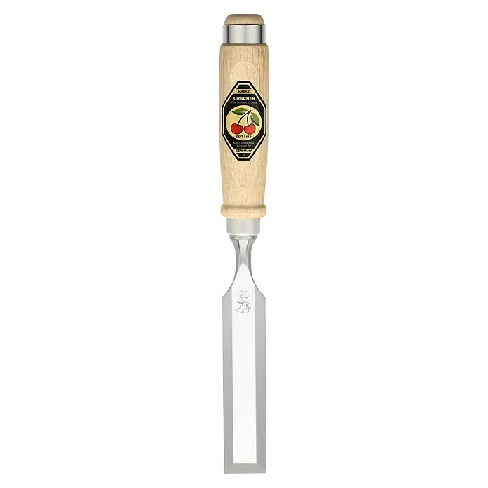 Kirschen Stechbeitel - Klingenbreite: 26 mm, Schneidwinkel: 25 °, 61 HRC - Detailansicht eines Kirschen Stecheisens mit Holzgriff und silberner Klinge, ideal für präzise Holzarbeiten und feine Schnitzereien.