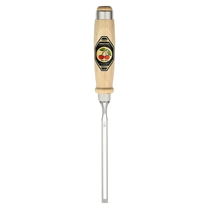 Kirschen Stechbeitel - Klingenbreite: 8 mm, Schneidwinkel: 25 °, 61 HRC - Abbildung eines Kirschen Stechbeitels mit Holzgriff und Stahlklinge, ideal für Holzbearbeitungsarbeiten und präzise Schnitzereien.
