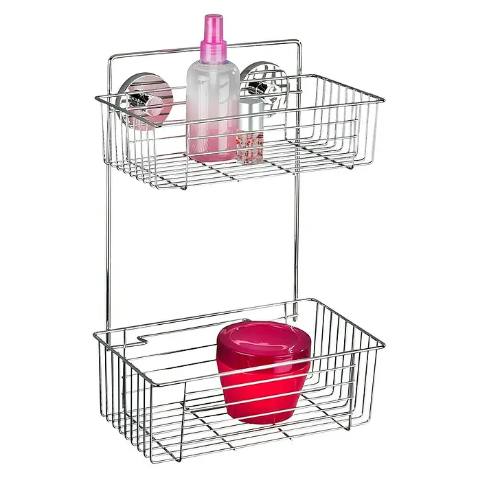 Wenko Bad-Wandregal Bari Vakuum-Loc - 2-stöckig, Stahl, Silber - Ein zweistöckiger Duschkorb aus Chrom mit rosa Kosmetikprodukten darauf, ideal zur Aufbewahrung von Badartikeln und zur Organisation des Badezimmers.