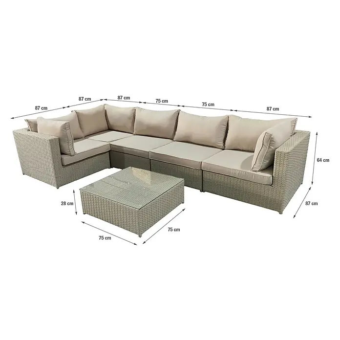 Sunfun Conjunto de muebles Ocala II - 6 pzs., Ratán sintético/Aluminio, Crema - Sofá modular de ratán gris con mesa de centro y dimensiones. Ideal para relajarse al aire libre con estilo.