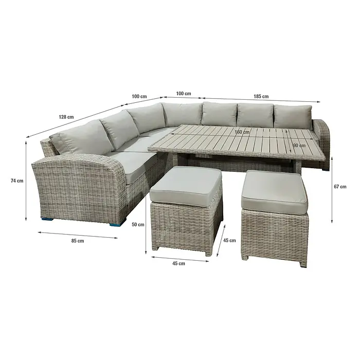 Sunfun Conjunto de muebles Portland III - 6 pzs., Ratán sintético/Aluminio, Crema - Imagen de un juego de muebles de jardín que incluye un sofá modular, una mesa y taburetes, con medidas que muestran las dimensiones de los muebles.