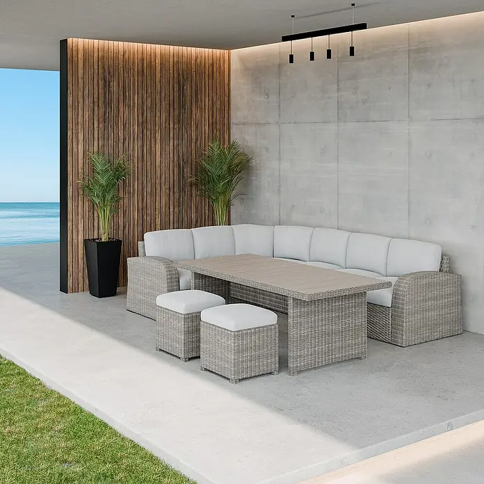 Sunfun Conjunto de muebles Portland III - 6 pzs., Ratán sintético/Aluminio, Crema - Elegante conjunto de muebles de jardín de ratán gris con mesa y otomana, ideal para relajarse al aire libre con estilo y reuniones sociales.