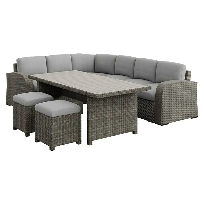 Sunfun Conjunto de muebles Portland III - 6 pzs., Ratán sintético/Aluminio, Crema - Acogedor conjunto de muebles de jardín gris con asientos acolchados, mesa y taburetes para relajarse al aire libre.