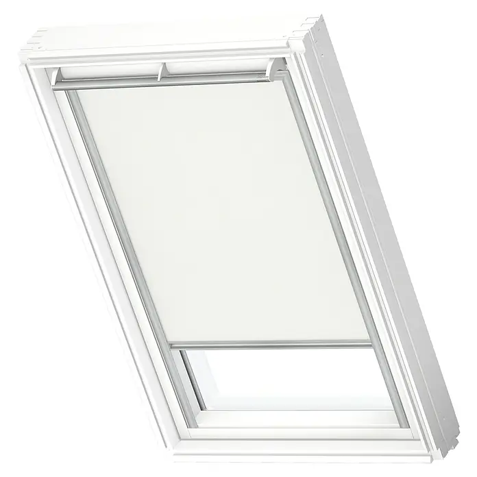 Velux Dachfensterrollo RFL PK08 1028S - Farbe: Weiß - 1028S, Farbe Schiene: Aluminium, Manuell - Ein Oberlicht-Rollo in einem weißen Rahmen, das den Lichteinfall reguliert und für eine angenehme Atmosphäre sorgt. Ideal für Dachwohnräume.