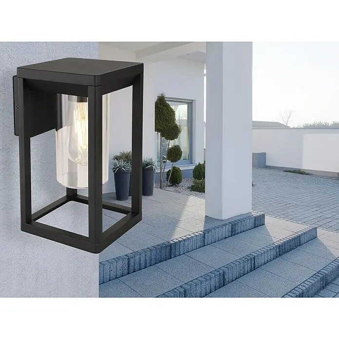 Globo LED-Außenwandleuchte Candela - 15 W, Schwarz, IP44 - Elegante schwarze Außenwandleuchte mit klarem Zylinderglas, ideal für moderne Hausfassaden und Eingangsbereiche.