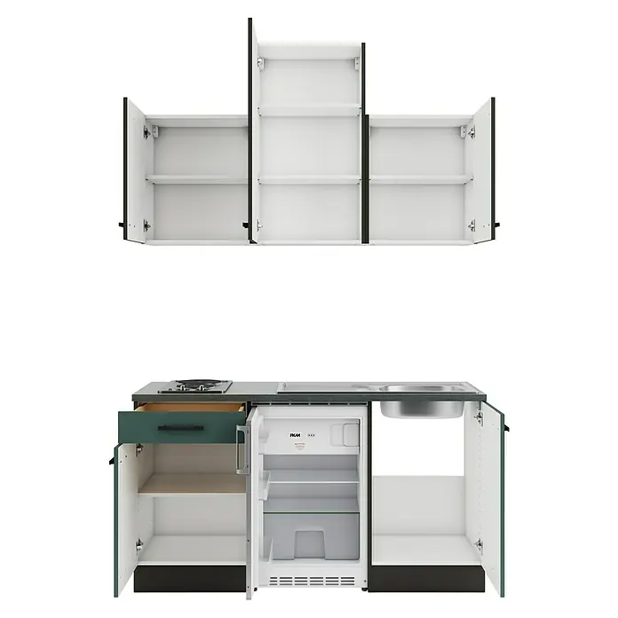 Optifit Madrid420 Singleküche Typ 3 - Breite: 150 cm, Steingrün/Anthrazit, Mit Elektrogeräten - Kompakte Küchenzeile mit dunkelgrünen Unterschränken, Kochfeld, Spüle, offenem Kühlschrank und offenen Hängeschränken mit schwarzen Rahmen.