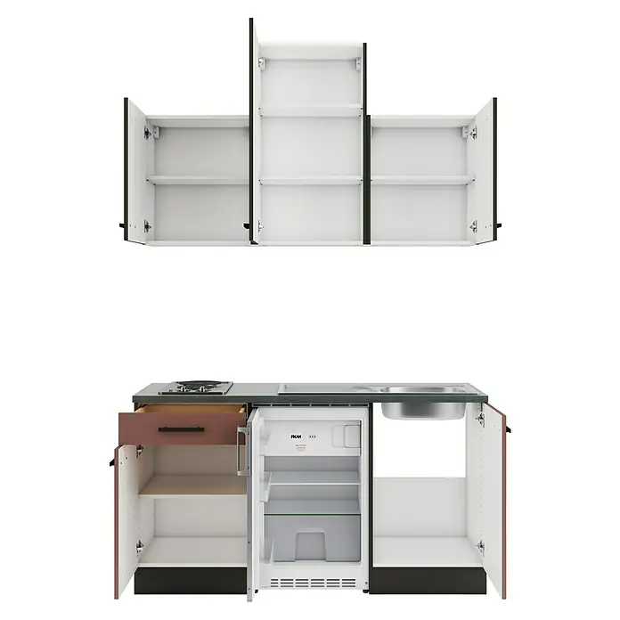 Optifit Nizza407 Singleküche Typ 3 - Breite: 150 cm, Rostrot/Rillendekor Nussbaum, Mit Elektrogeräten - Modulare Kompaktküchenzeile mit weiß/terrakotta Schränken, dunkelgrauer Arbeitsplatte, Kochfeld, Spüle, offenem Minikühlschrank und drei offenen Oberschränken.