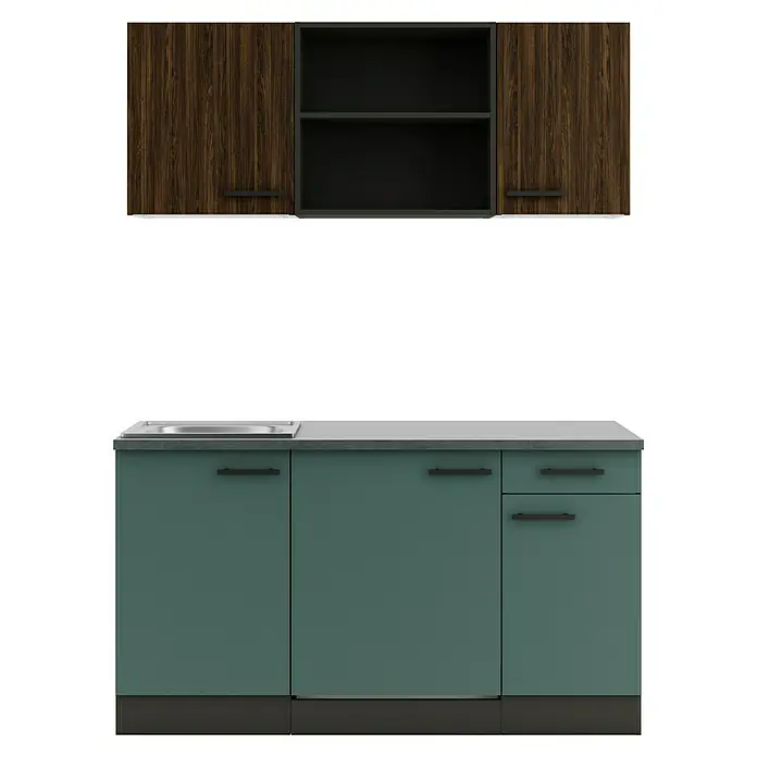 Optifit Verona405 Singleküche Typ 2 - Breite: 150 cm, Steingrün/Rillendekor Nussbaum, Mit Elektrogeräten - Zweiteilige Küchenmöbel: Oberschränke aus dunklem Holz mit offenen Fächern, grünlich-graue Unterschränke mit Spüle, dunkelgrauen Griffen und heller Arbeitsplatte.